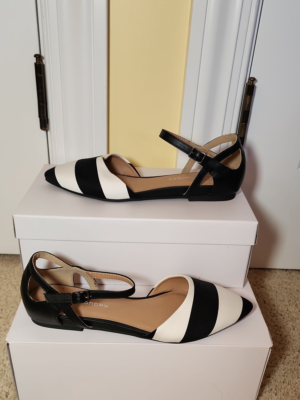 Chinese Laundry Black and White Striped Pointed D'Orsay Flats with Ankle Strap